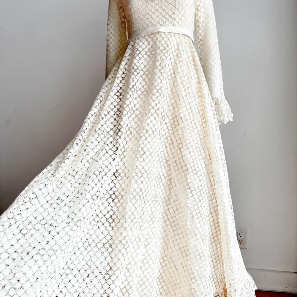 Vintage Jac An Ivory Crochet Long Sleeve A line Maxi Dress Wedding Boho S - Picture 10 of 11